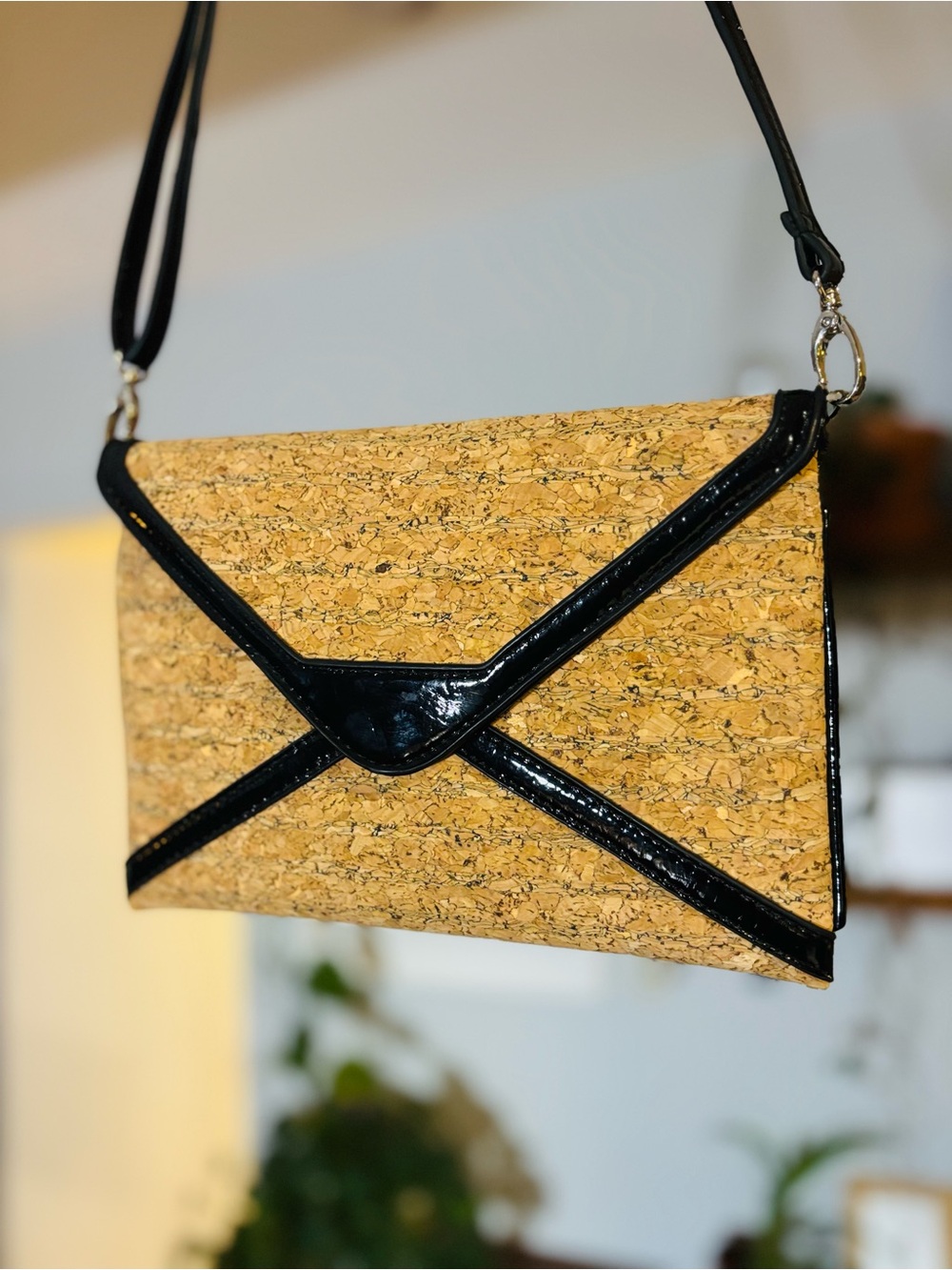 Cork Envelope Crossbody Bag / Clutch with Black Patent Leather Trim - 10" x 7"